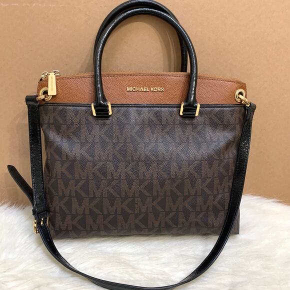 MICHAEL KORS Two-Tone Brown Cognac Signature AUBREY Zip Top Satchel w/Sh/Strap - Picture 16 of 16